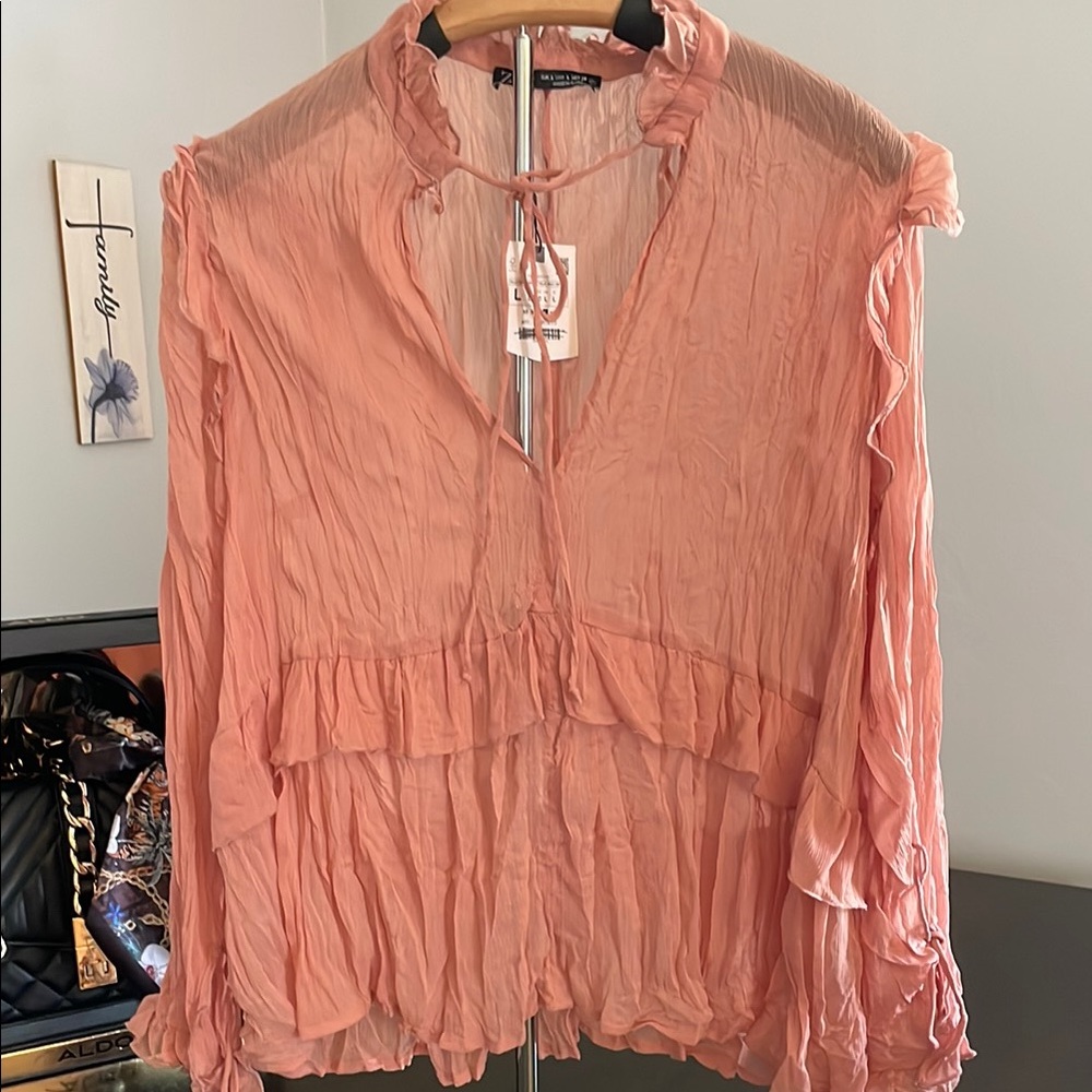 Zara Coral Ruffled Sheer Top